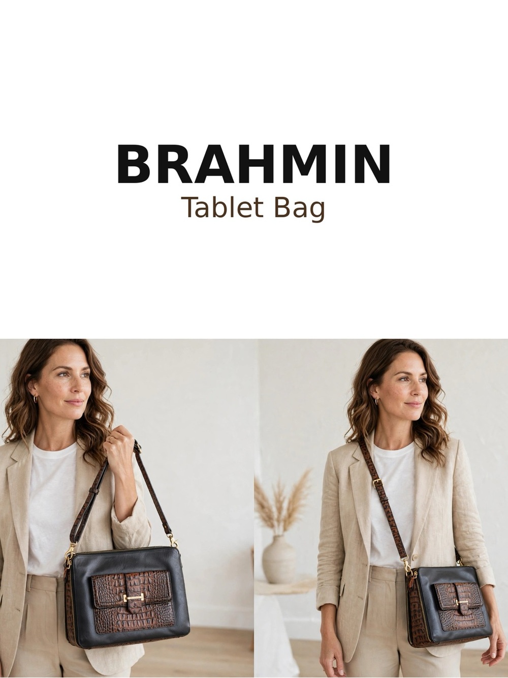 Brahmin Black & Brown Croc-Embossed Crossbody Tablet Bag